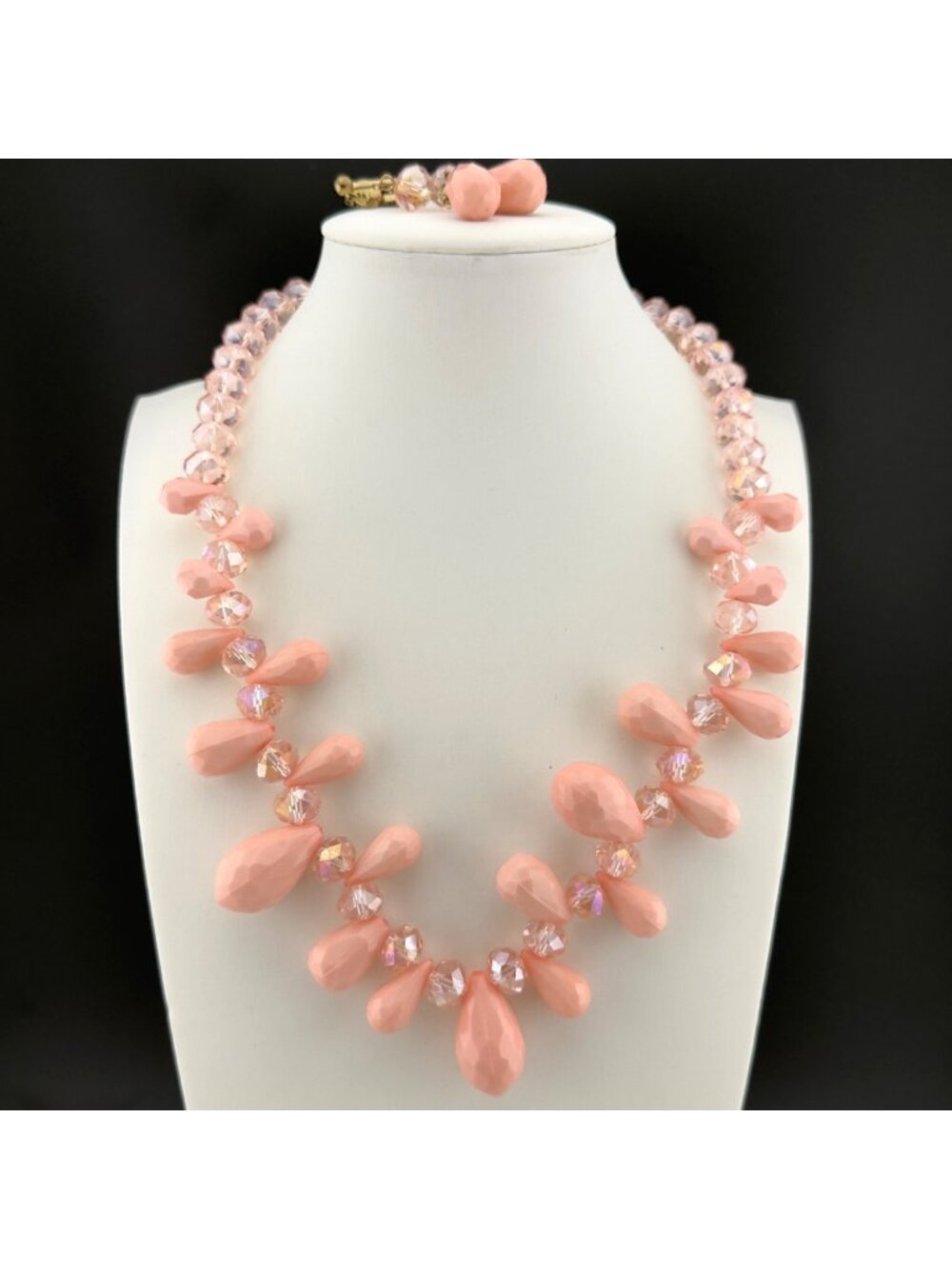 Pink Faceted Bead Necklace Clip On Earrings Set Adjustable Length
